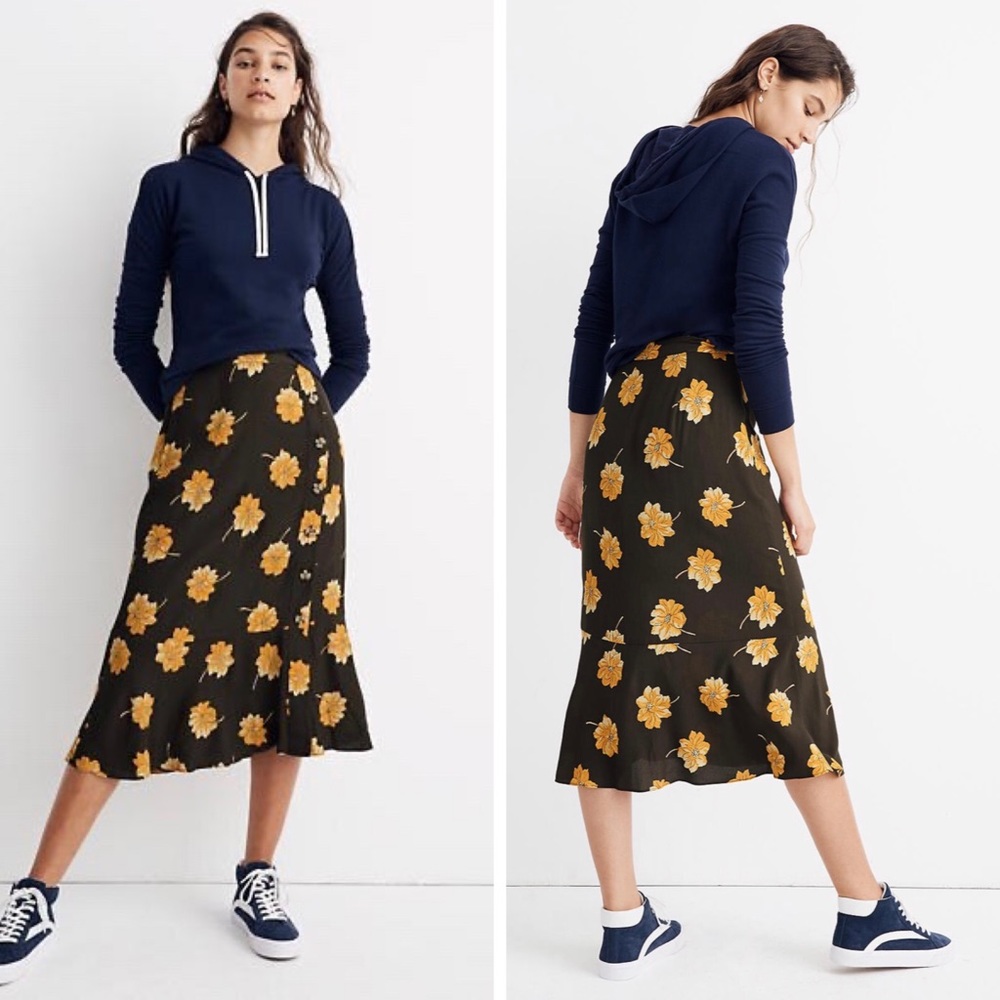 Madewell Black and Yellow Floral Midi Skirt